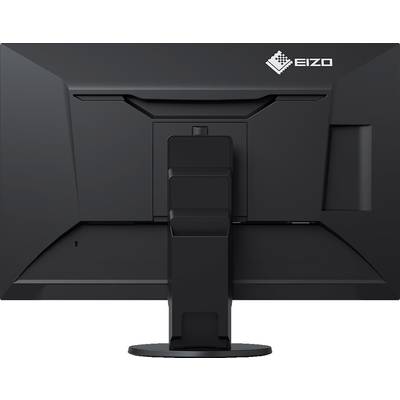 Rear view of an EIZO computer monitor with a black casing and a robust stand.