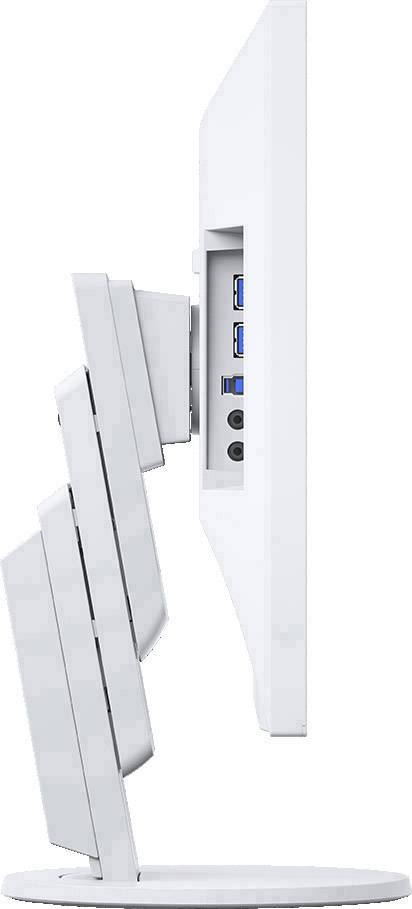 A white monitor from the side with an adjustable stand and multiple ports at the rear.