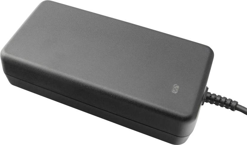 A black power supply with cable on the right side, lying flat on a surface.