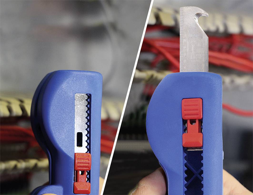A blue cable knife with a red slider is shown in two views: closed on the left and open with a hook blade on the right. Blurred, colourful wires are visible in the background.