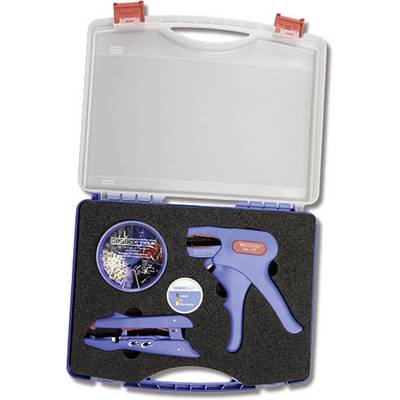 An open suitcase displays two blue tools and a red sealing cord on black foam.