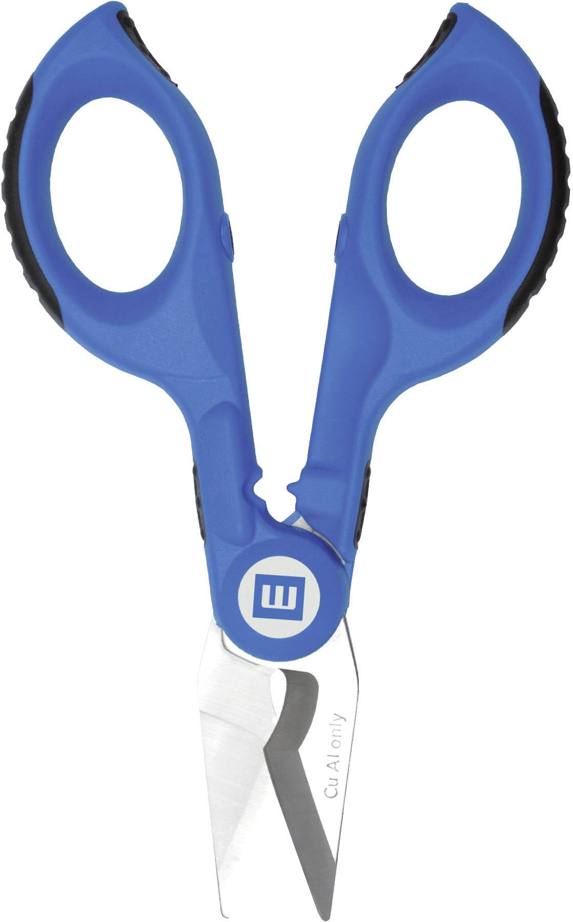 A blue pair of scissors with ergonomic handles, closed, against a white background.