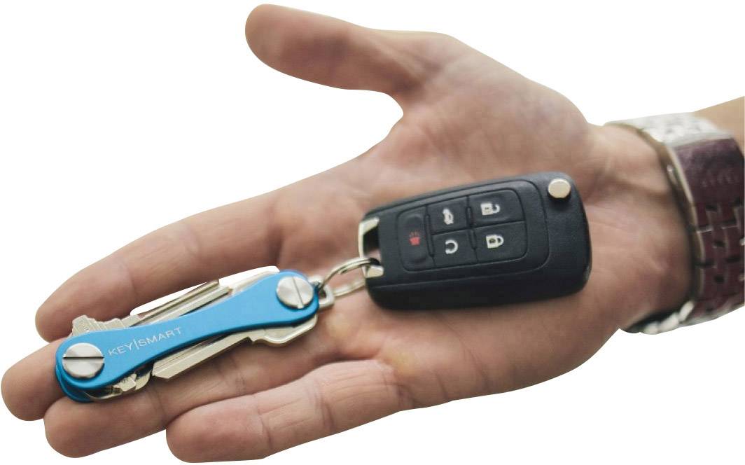 A hand is holding a blue key organiser and a black car key.