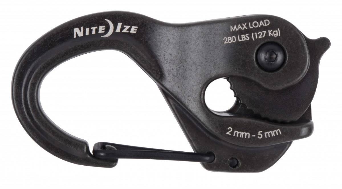 A black, robust carabiner hook with inscription 'MAX LOAD 280 LBS (127 Kg)' and '2 mm – 5 mm', marked as 'Nite Ize'.