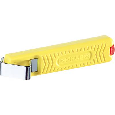 A yellow wire stripping tool with the 'Jokari' brand on the side. It has a red sliding mechanism and a metal cutting unit.