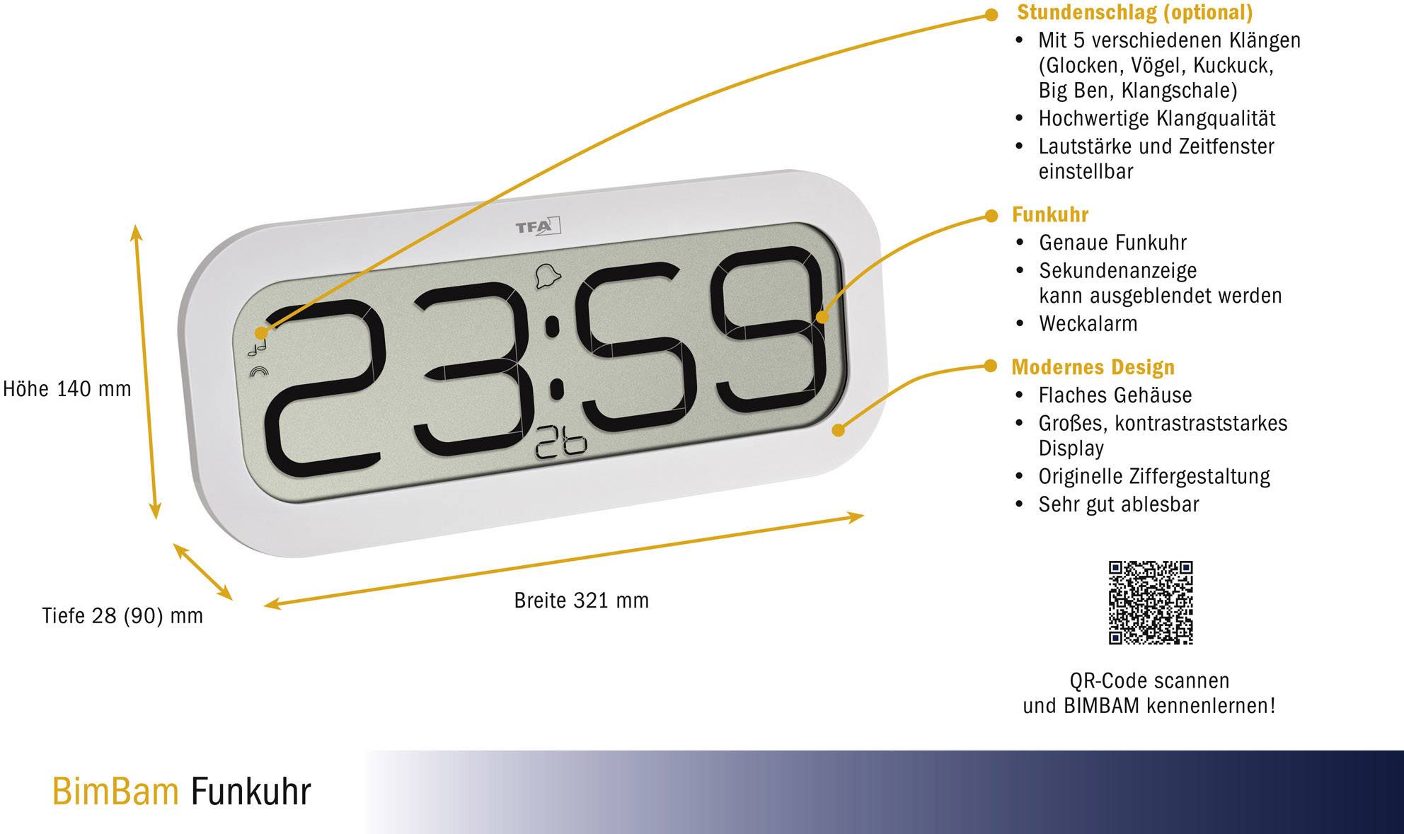 'Digital clock with large display showing 23:59. Functions: precise radio-controlled clock, various alarm tones, easy setting. Modern design.'