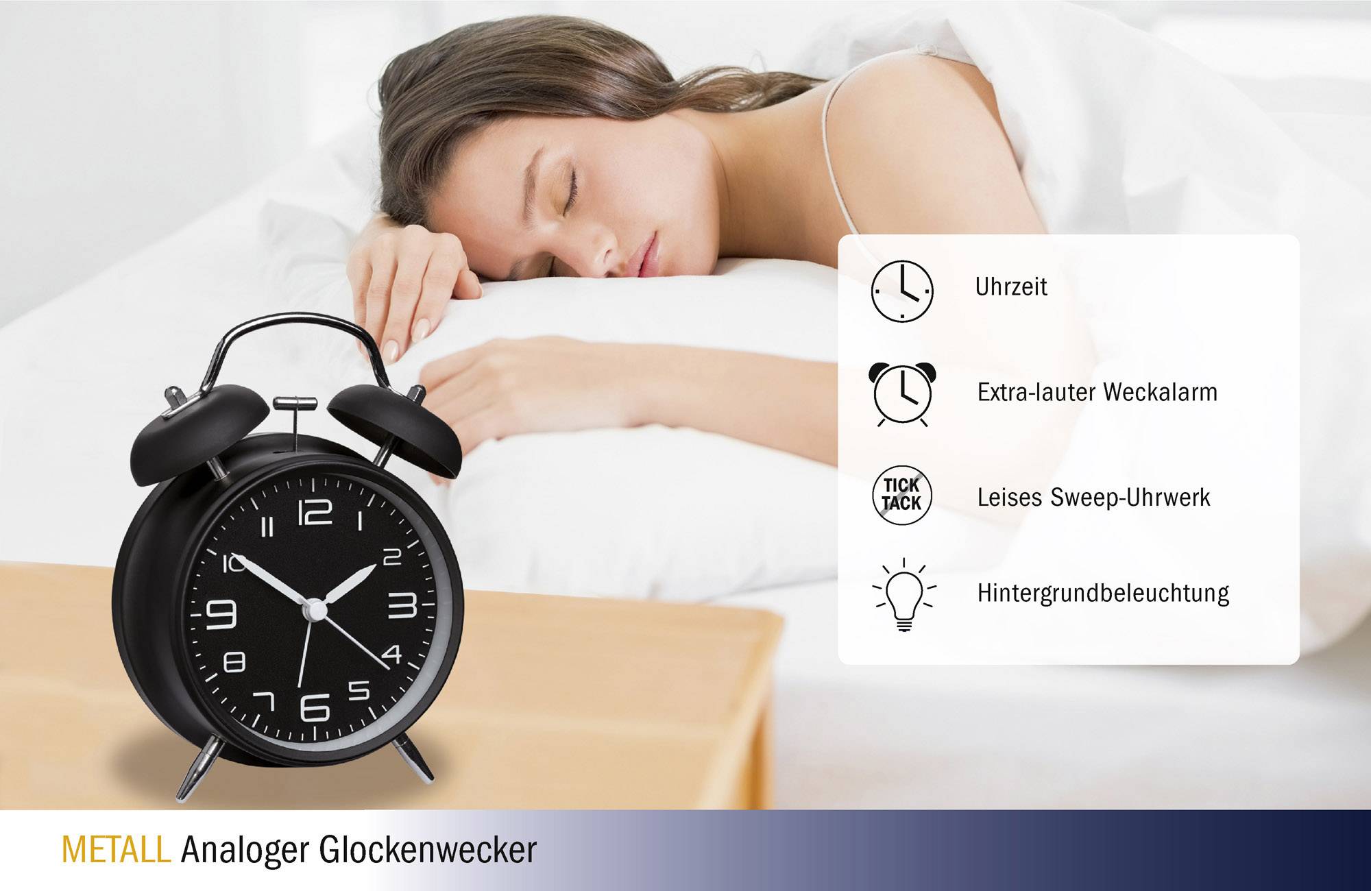 Woman sleeping in bed, with an analogue black alarm clock in the foreground. Text box shows features: Time display, loud alarm, quiet mechanism, backlight.