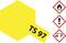 Yellow label with the inscription 'TS 97'. Three hazard symbols are located to the right: flame, exclamation mark, and corrosion.