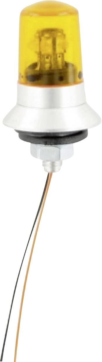 An orange warning light with a metal base and two wires. Typical design for vehicles or safety applications.