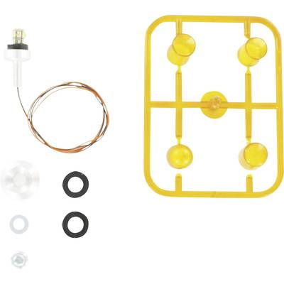 A yellow model frame set with round parts, wire with light bulb, seals, and small fastening components.