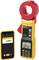 A yellow measuring device with a red clamp, which measures earth resistance. A smartphone displays a value of 0.250 ohms.