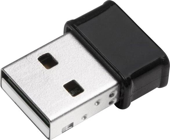 A small black USB plug with a metal casing, compact and portable, frequently used for wireless connections.