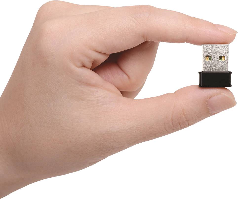 A hand is holding a small USB stick between the thumb and index finger. The USB stick is black and silver in colour.
