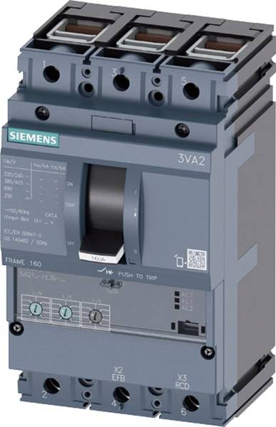 A Siemens electrical circuit breaker, model 3VA2, shows switch positions and technical details.