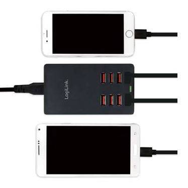 Two smartphones connected to a multi-port charger offering six USB ports, charging simultaneously.
