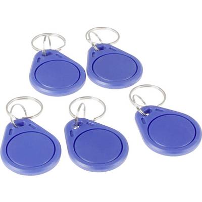 Five blue RFID key fobs with silver key rings.