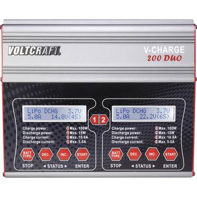 Charger with two digital displays showing 'LiPo DCHG 3.7V' and charging/discharging current; buttons for control and display settings.