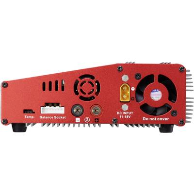 Back of a red charger with ventilation grilles, temperature connector, balance port, and a DC input of 11-18 V.