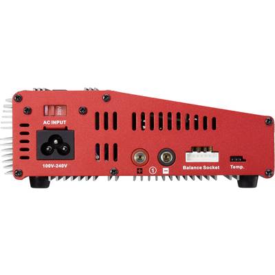 Back of a red battery charger with connection options: AC INPUT, two sockets with plus and minus symbols, Balance Socket and Temp, suitable for 100V-240V.