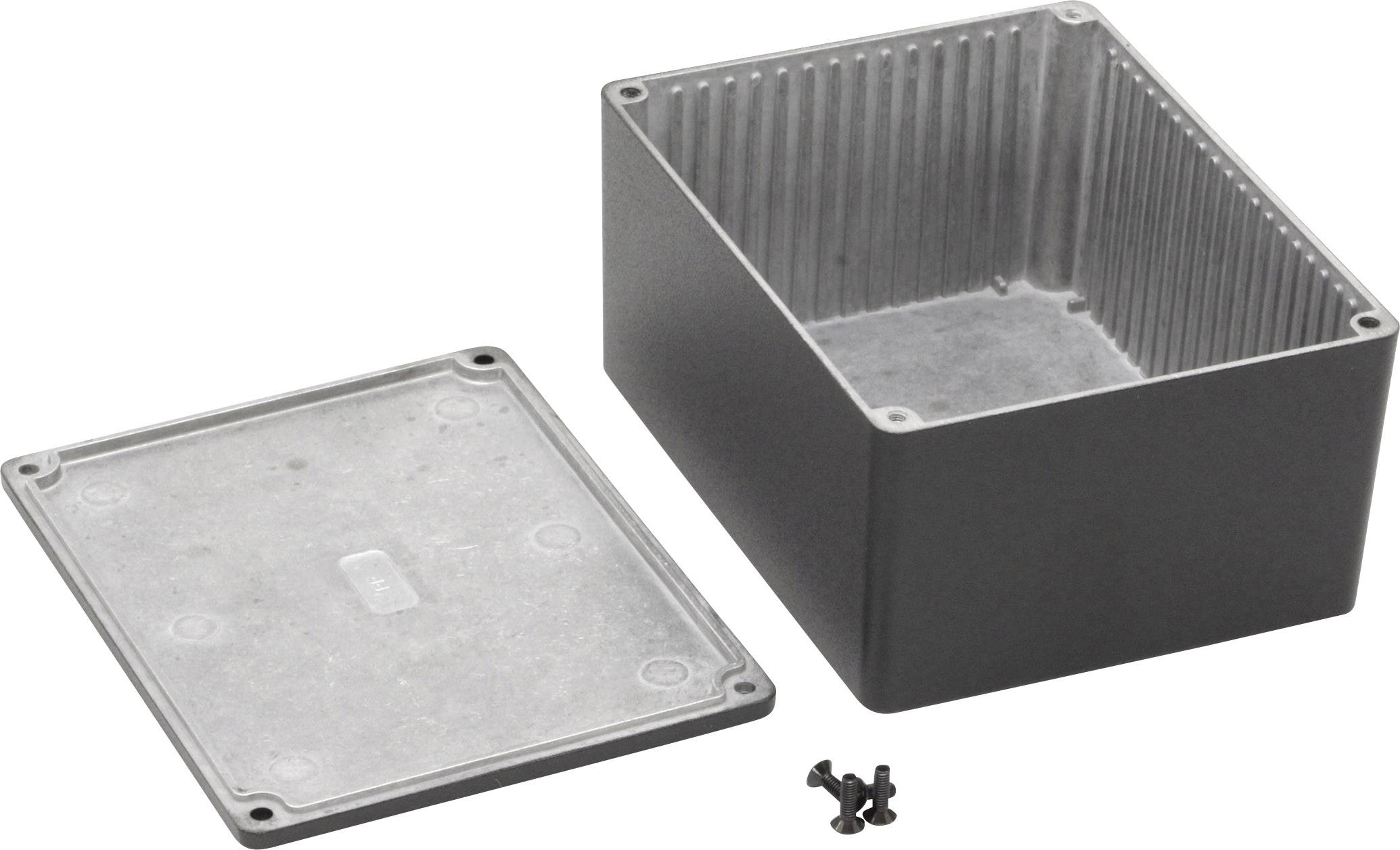 Metal enclosure box with removed lid and four small screws, suitable for electronic components.