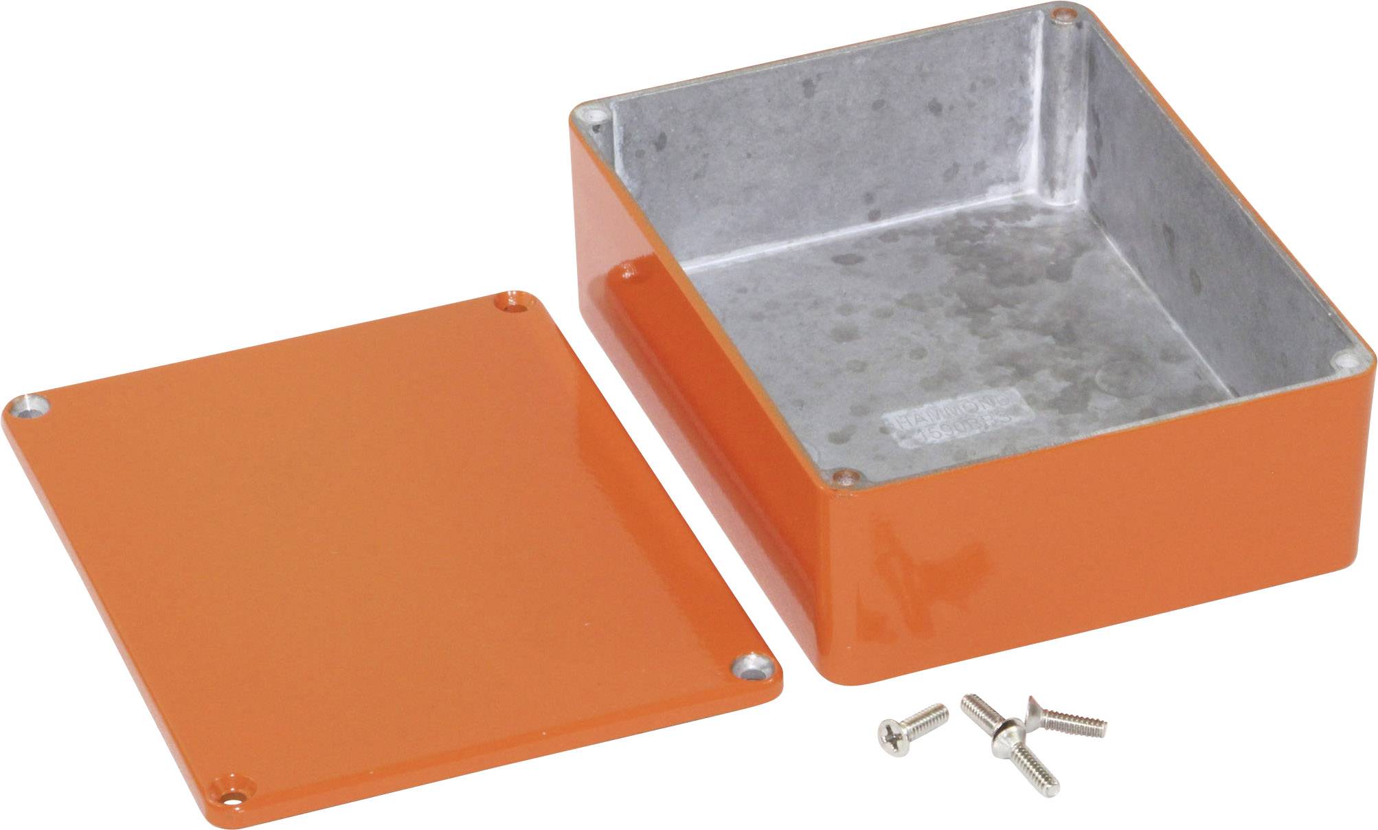 Orange metal enclosure with removed cover and four screws, serves as a protective housing for electronic components.