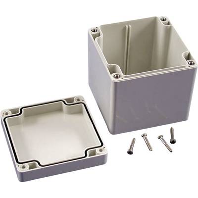 Grey, removable plastic box with lid removed, screws visible nearby. Suitable for electronic enclosures.
