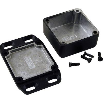 Metal enclosure part in two halves, one with four screws. Suitable for electronic protection or case assembly.