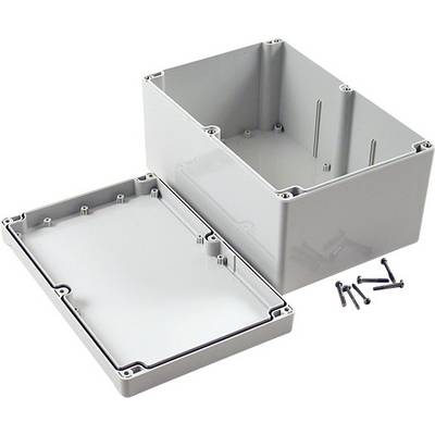 Enclosure box made of grey plastic, rectangular, with a removable lid and side screws for fastening.