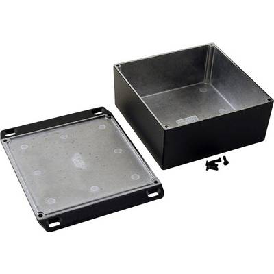 A rectangular metal enclosure with a removed lid. It contains mounting screws and is suitable for electronic components.