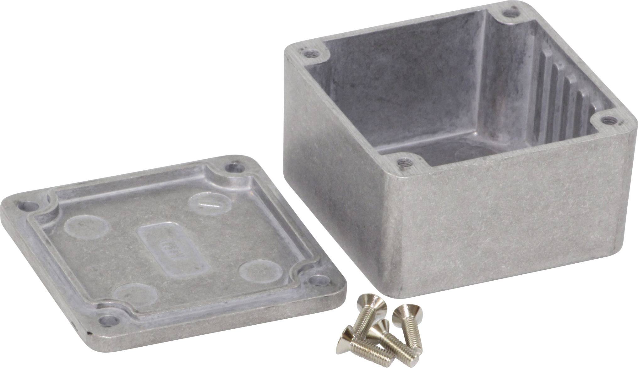 Metal enclosure with removed cover and adjacent screws. Suitable for electronic components.