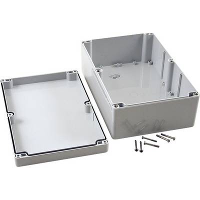Grey plastic enclosure with removable lid, suitable for electronic circuits. Screws are placed nearby for fastening.