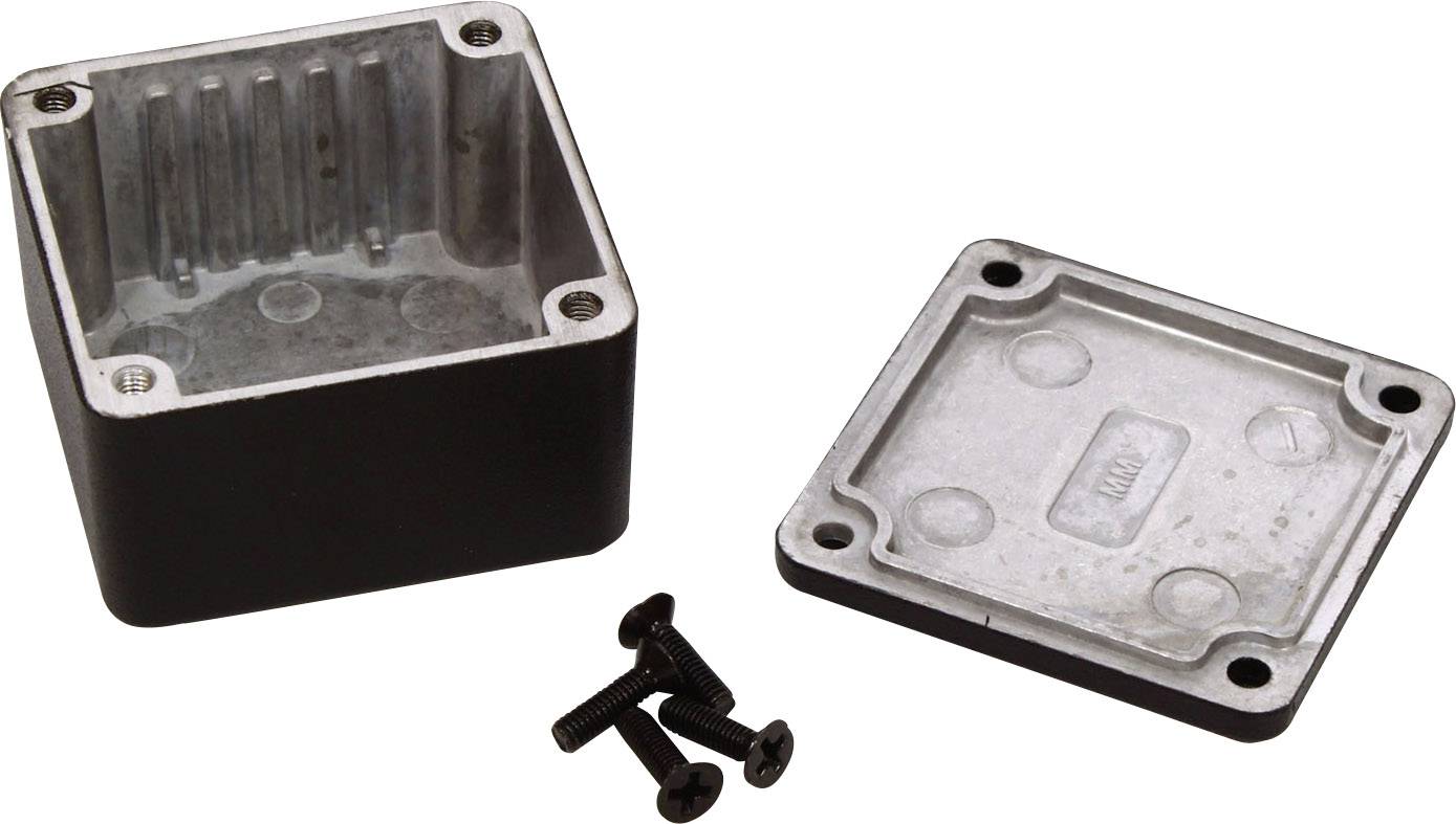 Aluminium enclosure opened, with lid beside it and four screws. Suitable for protecting electrical components.