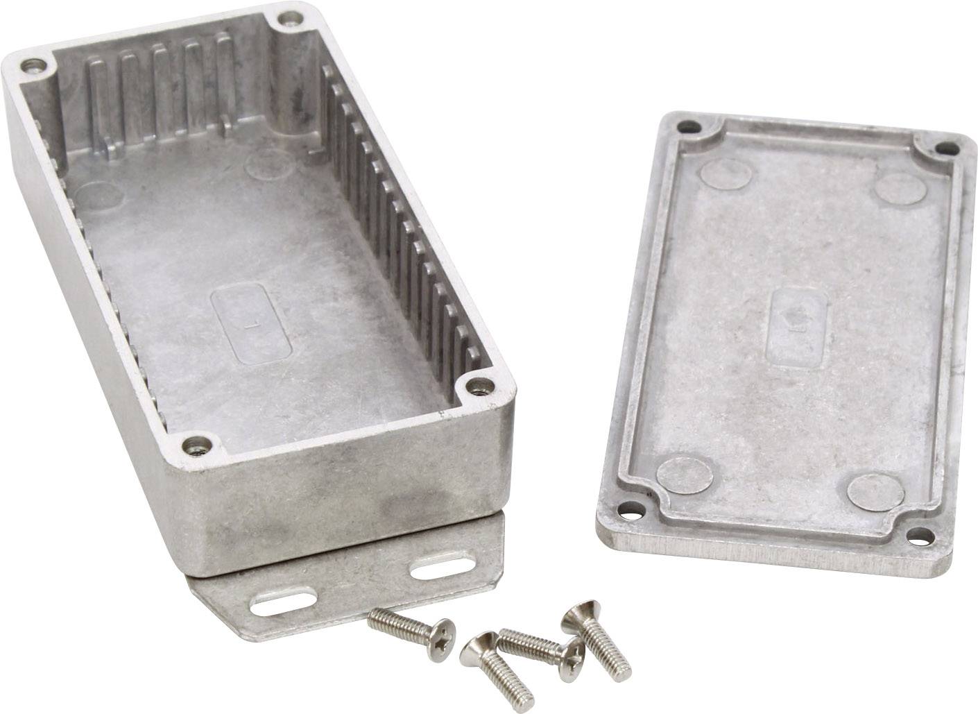 Metal enclosure and cover with four screws, suitable for electronic assembly.