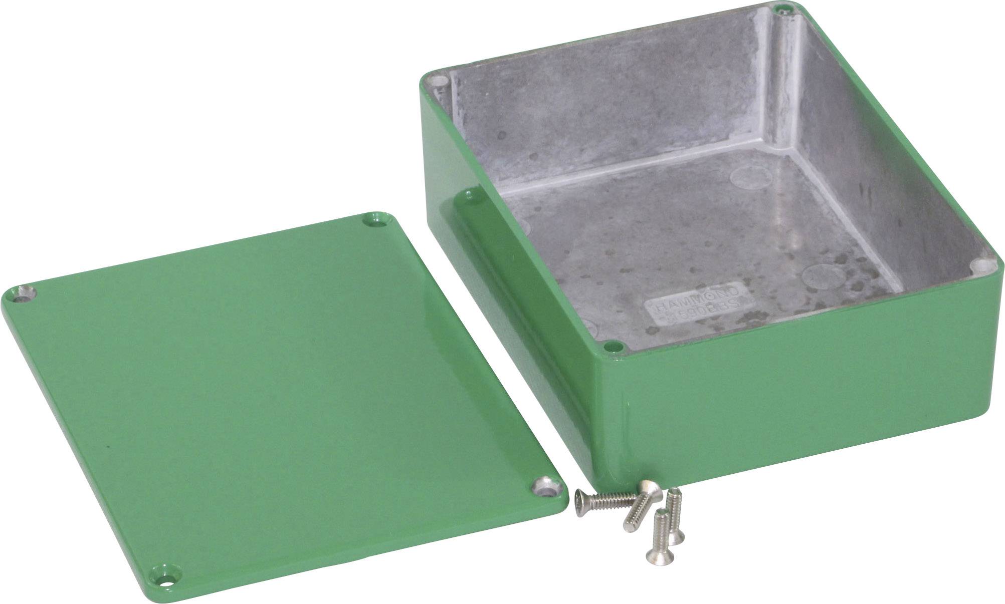 Green metal enclosure with removed lid and visible screws, suitable for electronic components or protective casings.