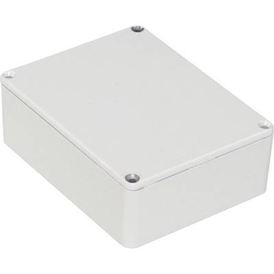 White, rectangular metal box with rounded corners. It has four screws at each corner of the lid.