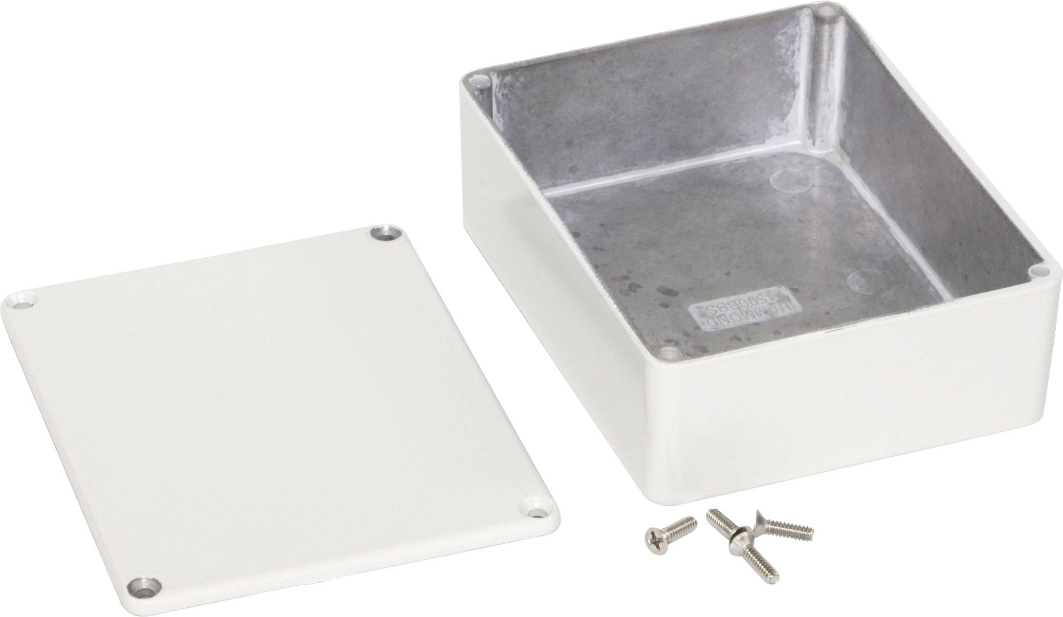 Metal enclosure with removable cover and four screws, suitable for electronic components.