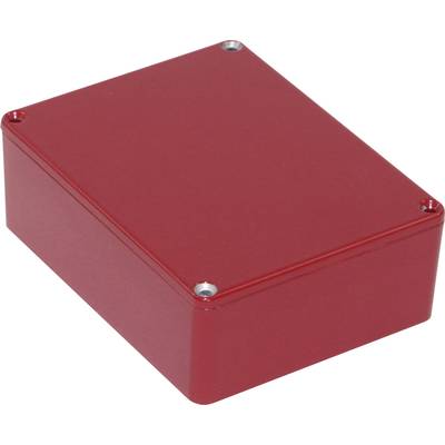 Red, rectangular metal enclosure with rounded corners and four screw holes, possibly for electronic components.