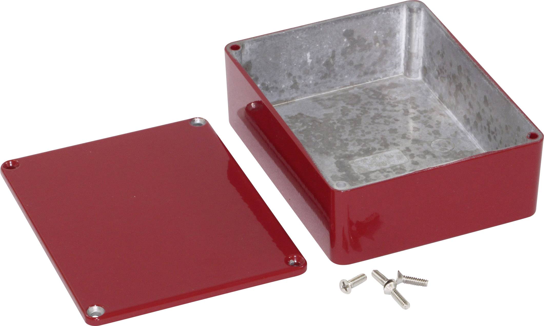 Red, rectangular metal enclosure with a removed cover and four screws. Suitable for electronic projects.
