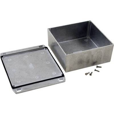 A rectangular metal enclosure with a removed cover and adjacent screws, suitable for electronic devices.