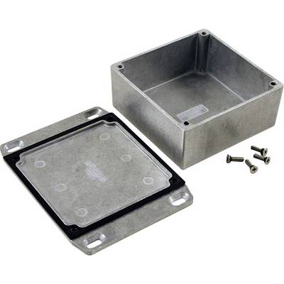 A grey, rectangular metal box with a removable lid and four screws used to secure the lid.