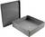 Grey, square housing with a removable lid, which features typical screw recesses in the corners.