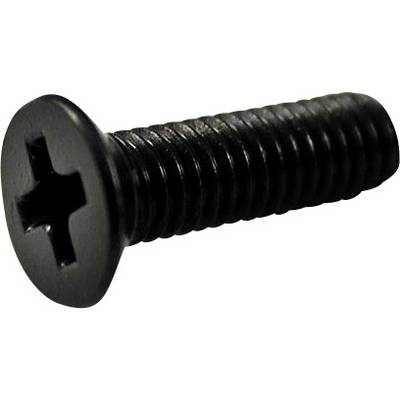 Black cross-head countersunk screw, positioned sideways, showing the thread and head of the screw.