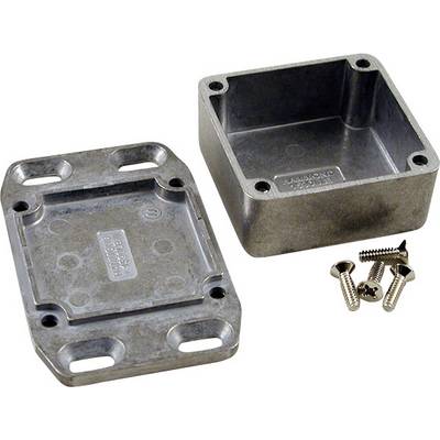 Two metal rectangular housing parts, one with drill holes, alongside four screws. They are for mounting electronic components.
