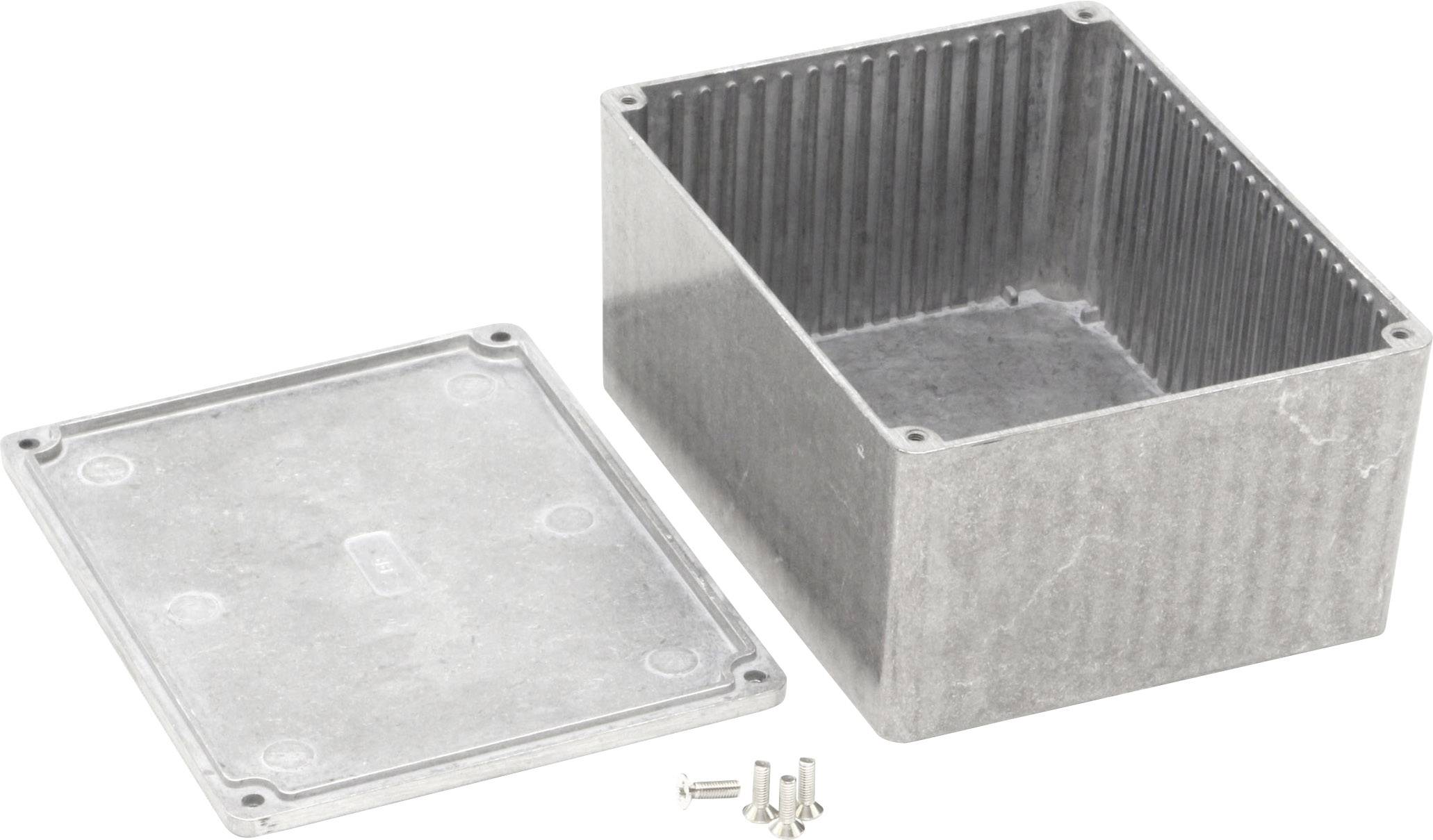 Metal enclosure with a removable lid and screws, suitable for electrical or electronic components.