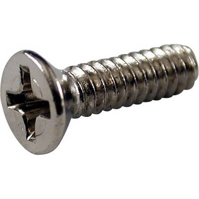 Phillips head machine screw with round head, silver-coloured, lying flat on a surface. Suitable for general fixing tasks.
