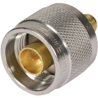 A metal adapter with a gold-coloured inner connection and a knurled outer ring for secure connection in electrical devices.