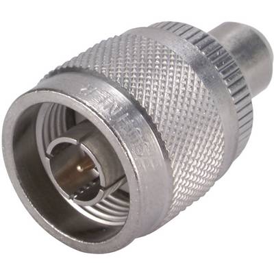 A metallic coaxial plug with a knurled housing and central pin. Commonly used for antenna or cable connections.
