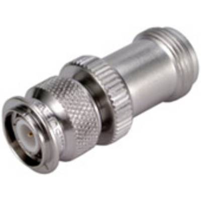 A metal BNC plug used for coaxial cables, on a white background.