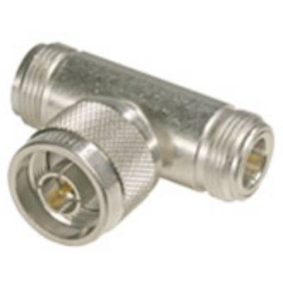 A metal T-adapter with a ribbed surface and threads at the ends, suitable for pipe connections.