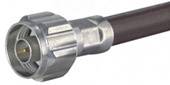 A coaxial cable with a metallic connection plug at the end, suitable for antenna or satellite signal transmission.